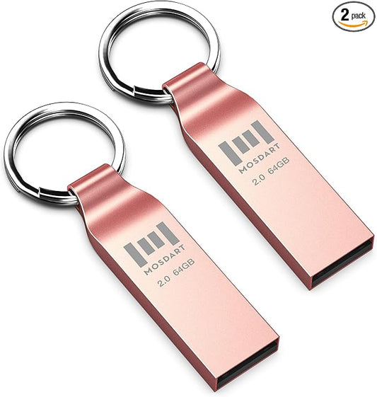 MOSDART Waterproof 64GB USB2.0 Flash Drive, exFAT Metal Memory Stick with Keychain, for System Back, Data Storage, Rose Gold(Pack of 2)