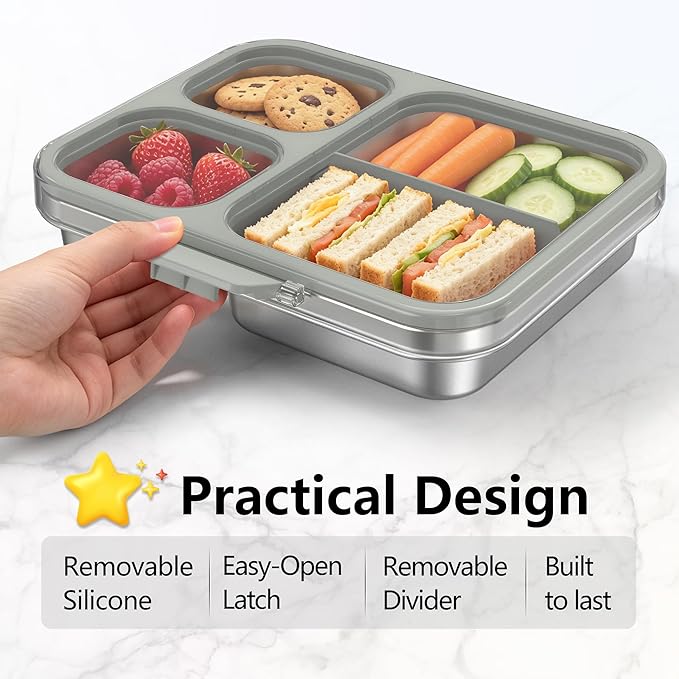 HOMEKOL Stainless Steel Bento Lunch Box, 3-Compartment Leak-Proof Metal Lunch Container for Kids & Adults, BPA-Free, Dishwasher Safe, Clear Tritan Lid, 4.2Cups/1000ml Grey (Not Insulated)
