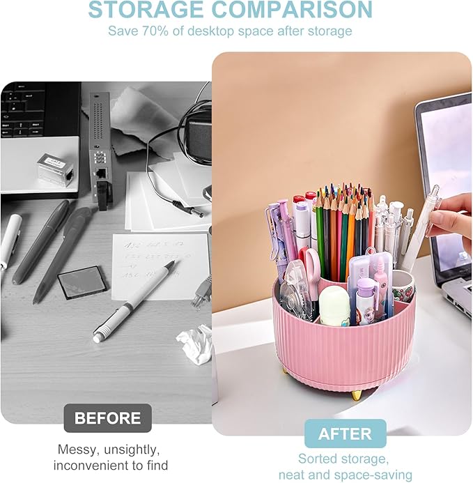 Cayxenful Pencil Holder For Desk,5 Slots 360°Degree Rotating Desk Organizers And Accessories,Desktop Storage Stationery Supplies Organizer, Cute Pencil Cup Pot For Office, School, Home (D-Pink)