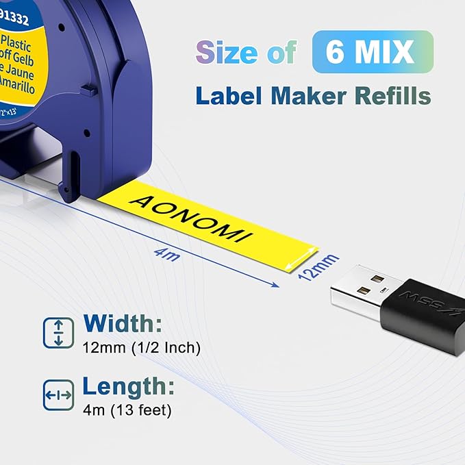 Colored Label Tape Replace for Dymo Letratag Refills Clear/Yellow/Red/Blue/Green/White Compatible for Dymo Label Maker Refills 12mm for LT-200B 100H 100T PLUS, 6-PK Multi-Color Plastic Tape Set