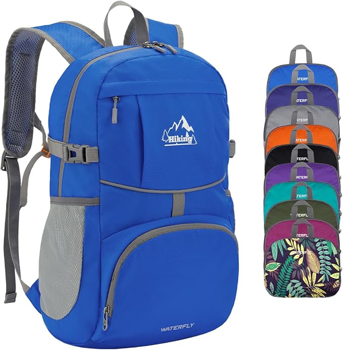 WATERFLY Hiking Packable Daypack Backpack: 25L Ultra Lightweight Day Pack for Women Men - Small Compact Folding Back Pack for Outdoor Sport Cycling Camping Travel Trip - Blue