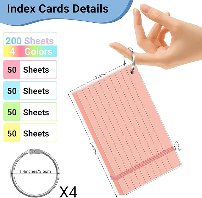 HAUTOCO 200 PCS Colored Flash Cards 3x5 with Rings, Ruled Index Cards with Waterproof Dividers, 4 Colors Study Notecards for Students, Teachers, Exam Prep, Office