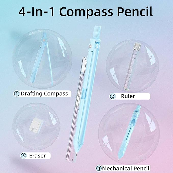 Compass for Geometry with Pencil, Includes Automatic Pencil, Compass, Ruler, Eraser 4 in 1 Set, Circle Compass Drawing Tool for Math, Drafting, Drawing, for Students, Kids, 1-Pack(Pink)