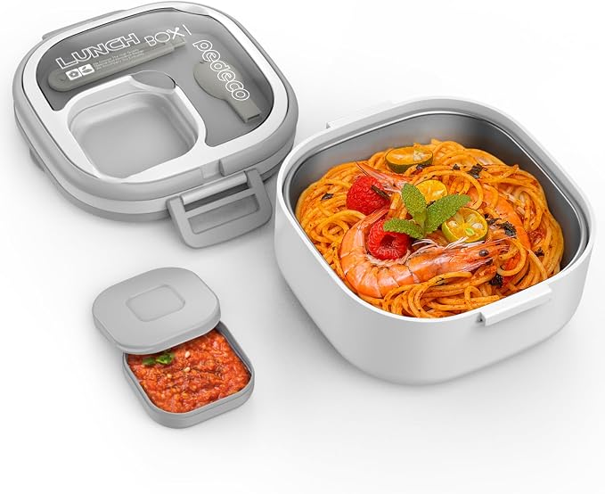 PEDECO Single-Layer Bento Lunch Box for Kids & Adults with Removable Stainless Steel Lunch Container,Dressing Container,BPA-Free,Dishwasher Safe - Includes Utensil(White,Not Insulated)