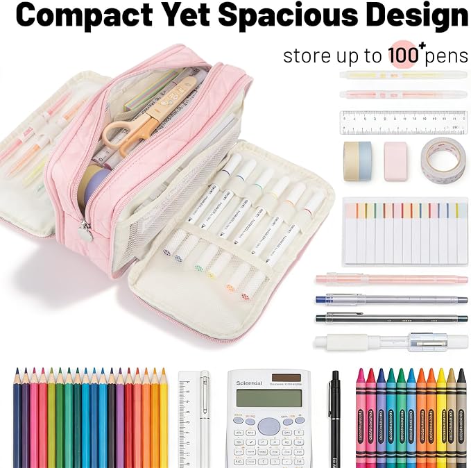 Cute Pencil Case for Girls kids Soft Quilted Pencil Pouch Bag Organizer | With 3 Compartments,Big Capacity Marker Crayon Storage Bag Large Double Zipper Art Bag For Kids School College Boys Women