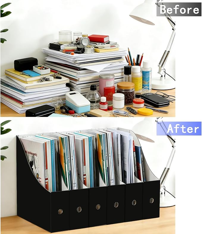 Limitliho 6 Pack Cardboard Magazine Holder for Desk, Book Bins for Classroom Library,Office,Home, 10.6" H x 10.2" L x 3.5" W in Magazine File Holder(Black)
