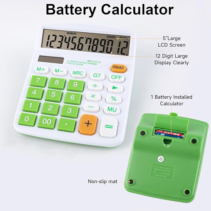 Calculator Desktop Solar Battery Dual Power 12 Digit Large LCD Display Financial Dedicated Large Standard Function Desktop Business for Office/Home/School KA08 Green