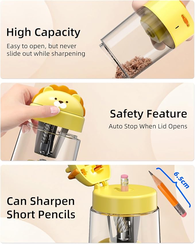 ZMOL Electric Pencil Sharpeners, Lion Pencil Sharpener for Colored Pencils, Auto Stop, Kids Portable Pencil Sharpener for Rechargeable Battery Operated No.2/(6-8mm), Home/Classroom/Office