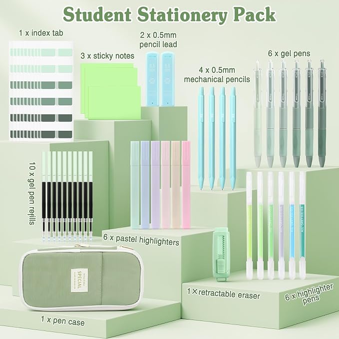 MoKo 49Pcs Aesthetic School Supplies, Green Cute Pencil Case Set with Pastel Highlighters, Mechanical Pencils with Refills, Eraser & Sticky Notes Tabs Set for Middle & College Students Stationery