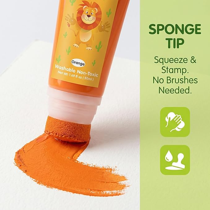 Washable Finger Paint with a Sponge Head, 8 Colors (1.69fl oz/Tube) Non-Toxic, Toddler Painting Set for Kids Boys Girls Gifts, Hand-Painted DIY, Ages 1-3 4 5 6+