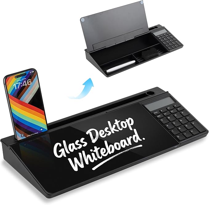 Glass Desktop Whiteboard with Calculator & Storage, Desk Dry Erase Note Memo Board, Compact Desk Organizer for to-Do List Home Office School & Gift, Black, 2026