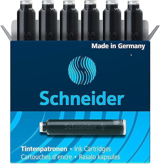 Schneider Ink Cartridge, Standard Format, Ball Closure, Refill for Fountain and Cartridge Rollerball Pens, Black Ink, Box of 6 Cartridges (6601)