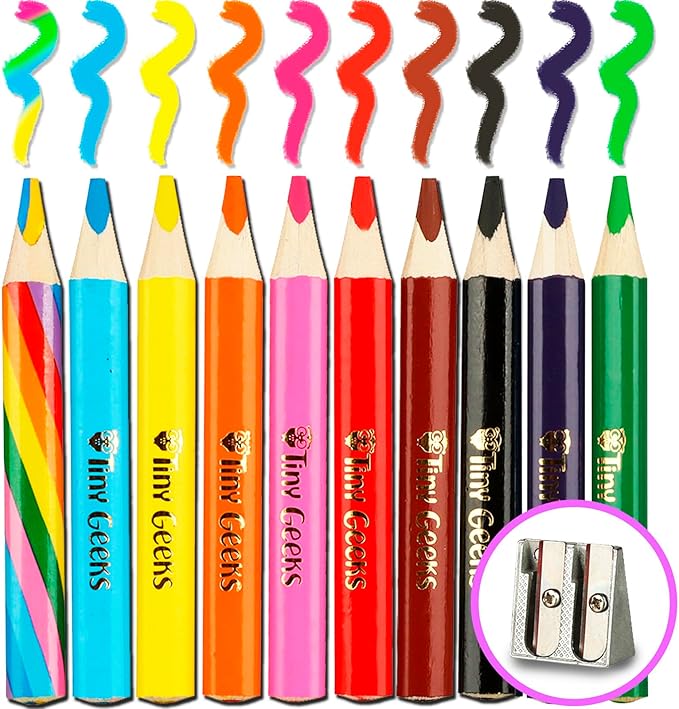 TinyGeeks Jumbo Pencils - Set of 10 Triangle-Shaped Colored Pencils for Toddlers and Preschoolers – Includes Rainbow Version and Sharpener – Ideal for Beginners and Teacher-Recommended