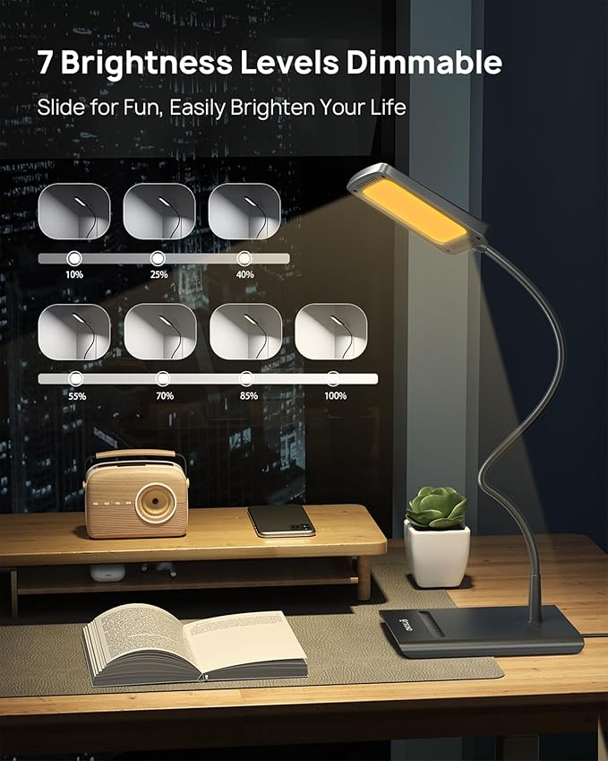 TROND Desk Lamp, Bright Dimmable Eye-Caring Table Lamp, 3 Color Modes 7 Brightness Levels, Flexible Gooseneck, Touch Control, Memory Function, Desk Light for Home Office Dorm Room Essentials, Black