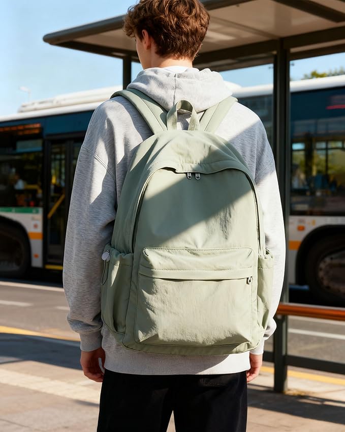 BJLFS Green Cute School Backpack with Laptop Compartment Small Travel Laptop Backpack for Women Men Waterproof College Backpack Simple School Bag for Teens Girls Boys