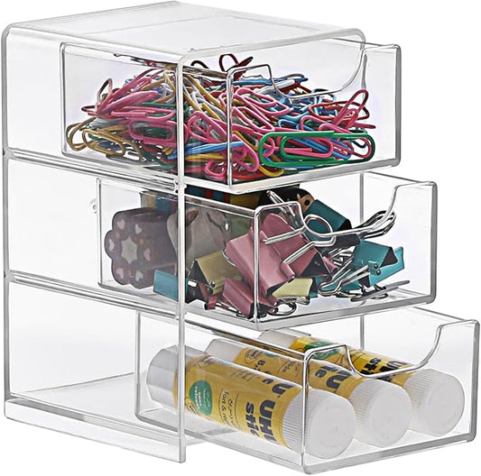 BTSKY 1 Pack Small Acrylic Storage Organizer with Drawers, 3-Layer Clear Desktop Organizer for Office Supplies Mini Storage Box with Drawers for Desk, Desktop Makeup Drawer Jewelry Storage Box