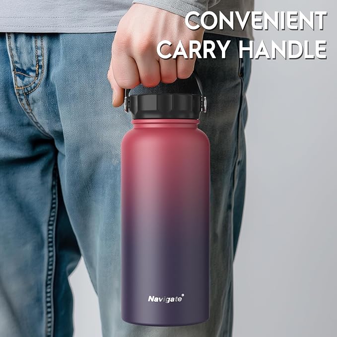 Navigate 32oz Insulated Water Bottle for Sports, Keep Cold 24H | 2-in-1 Spout and Handle Lids, Double Leak-Proof, 18/8 Stainless Steel, BPA-Free, Wide Mouth for Hiking,Red to Black