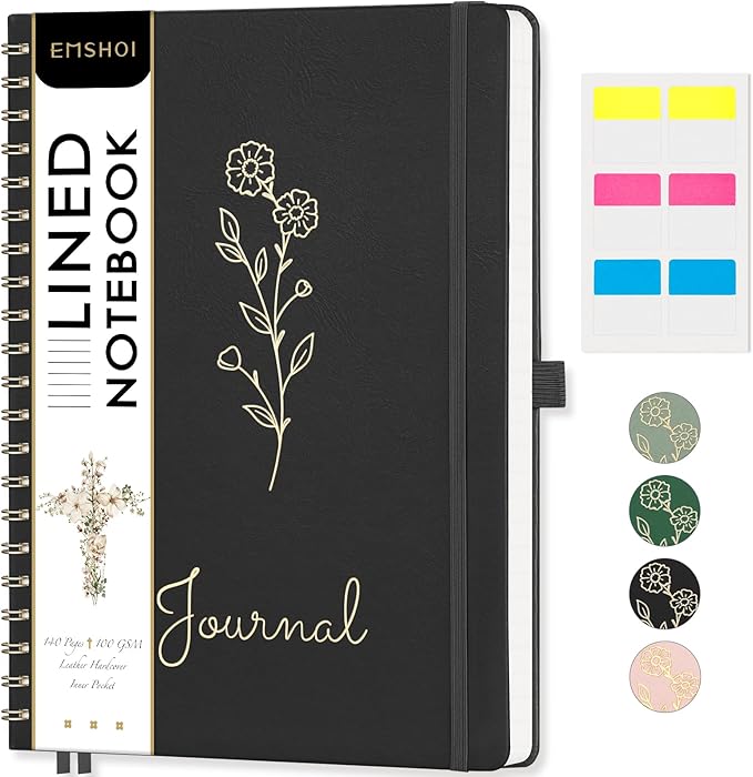 EMSHOI A4 College Ruled Spiral Notebook, Large 8.27"x11.2", 110 Numbered Pages, 100GSM Ink-Proof Faux Leather Hardcover Lay-Flat Lined Journal for Work Office School Writing, Black