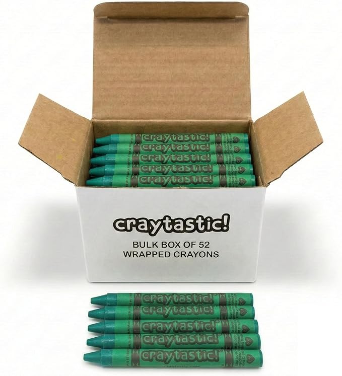 Craytastic! Bulk Wrapped Crayons Box of 52 (Green) for Crafting, Parties, Kids - Paper Wrapped - Safety Tested Compliant with ASTM D-4236