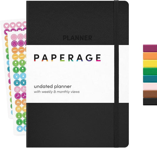 PAPERAGE Undated Weekly & Monthly Hardcover Planner (Black), 5.6 in x 8 in, Includes Lined Note Pages & 2 Sticker Sheets