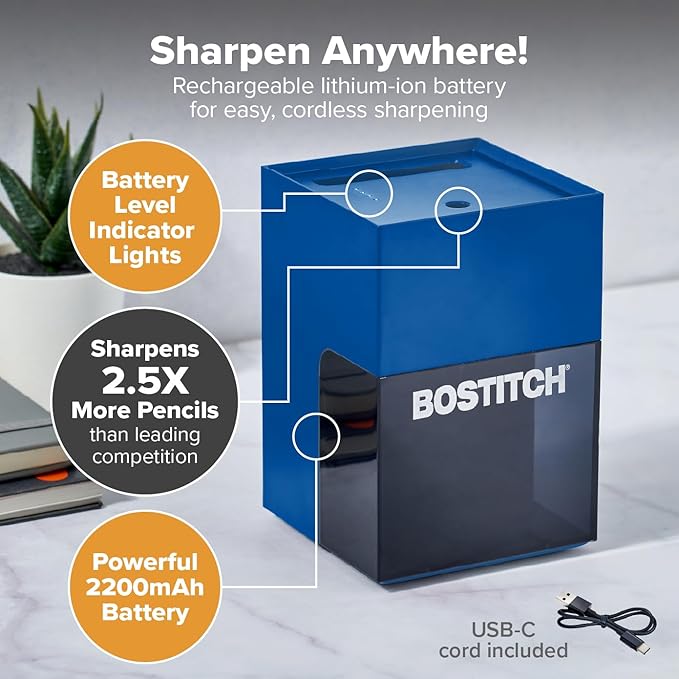 Bostitch Konnect Rechargeable Pencil Sharpener (USB-C), Auto-Stop Helical Cutter, Portable Electric Sharpener for No.2/Colored Pencils, Home, Office, Classroom, Blue