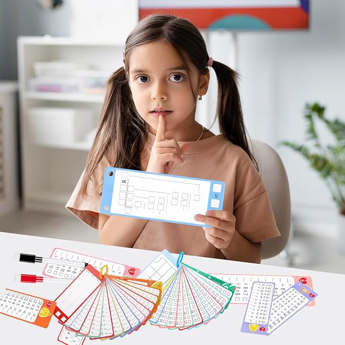 60Pcs Multiplication Division Addition and Subtraction Flash Card, Math Flash Cards with 8 Dry Erase Pens 4 Rings, Time Table Flash Cards for 1st to 3rd Grades Fun Learning with Math Game