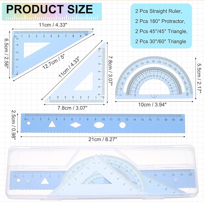 PATIKIL Geometry Set, 2 Pack 8 Inch Aluminum Ruler & 4 Triangles, Metal Protractor Ruler Math Drafting Measuring Tool for Home Office Math Drawing Engineering Art,Gradient Blue