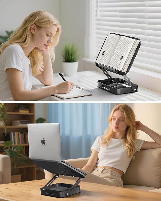Viozon 360° Rotating Ergonomic Book Stand for Reading - Adjustable Wood Book Holder for Neck Pain Relief, for Heavy Textbooks & Cookbooks, No-Assembly Hands-Free Stand for Students & Home Office B