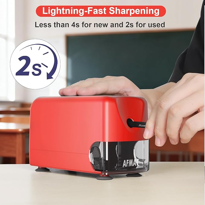 AFMAT Electric Pencil Sharpener, Cordless & Rechargeable, Heavy Duty Classroom Pencil Sharpeners for 6-11mm Pencils, Auto Stop, 2s Fast Sharpening, Battery Powered, 10,000 Sharpenings, Red, PSD3