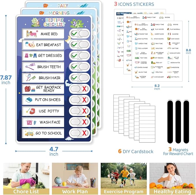 3 in 1 Bedtime/Morning/Daily Routine Chart for Kids, Magnetic Chore Chart for Kids with Cute Chore Stickers, Visual Schedule for Kids with Autism, Cute to Do List Checklist for Kids
