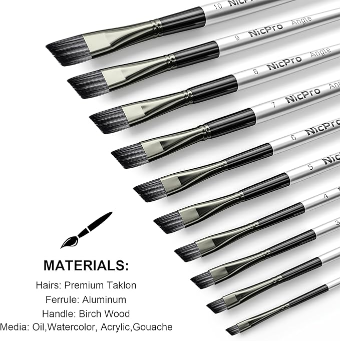 Nicpro 10 PCS Angular Paint Brush Set, Nylon Hair Angled Paint Brushes for Acrylic, Watercolor, Oil, Gouache, Craft, Detail Face Body Art Painting, Base Coating, Artist Paintbrush Kit for Kid & Adult