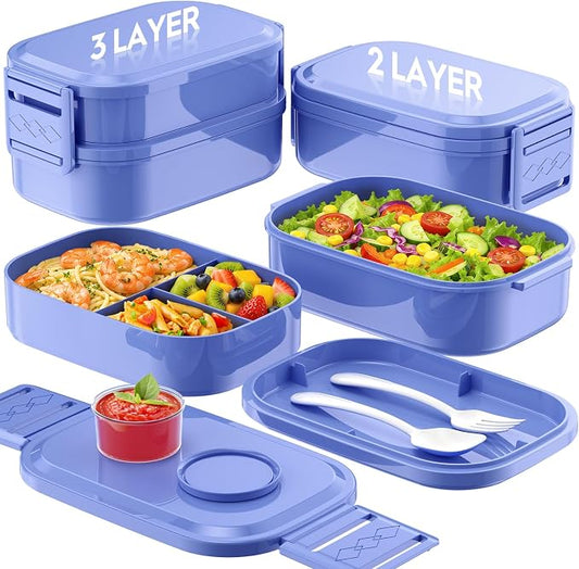 BiuLeon Bento Box Adult Lunch Box, 65 Oz Capacity Lunch Containers(Adjustable 2/3 Tier), BPA-Free, Leak-Proof and Stackable Bento Lunch Box, Microwave & Dishwasher Safe with Utensils(Macaron)