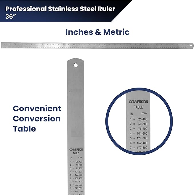Pacific Arc 36 Inch Stainless Steel Ruler with Inch/Metric Conversion Table
