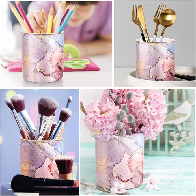 Pink Pen Holder for Desk, Premium Ceramic Pencil Holder Pen Cup Marker Holder Makeup Brush Holders, Desk Accessories & Workspace Organizers for Home, Office,Colorful Marble