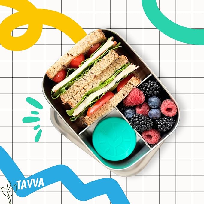 TAVVA Stainless Steel Lunch Box for Kids Ages 6-9 | 2-Piece Set | 27oz Metal Bento Box with 100% Steel Lids | 1.7oz Dip Cup with 100% Leakproof Silicole Lid | BPA-Free | Freezer & Dishwasher Safe