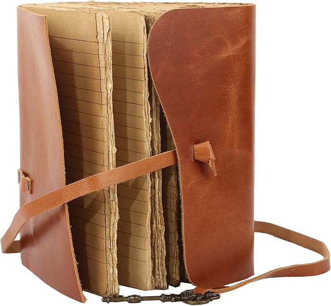 Leather Journal with Deckle Edge Paper 8x6 inch and Vintage Key | Handmade Writing Notebook Diary | Bound Daily Notepad for Men & Women Medium, Sketch/Writing pad for Artists