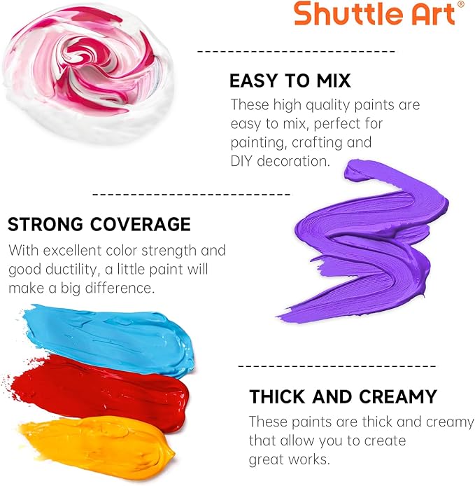 Shuttle Art 12 Colors Acrylic Paint, 250ml/8.45oz Bottles Acrylic Paint Set, Rich Pigments, Bulk Painting Supplies for Artists, Beginners and Kids Painting on Rocks Crafts Canvas Wood