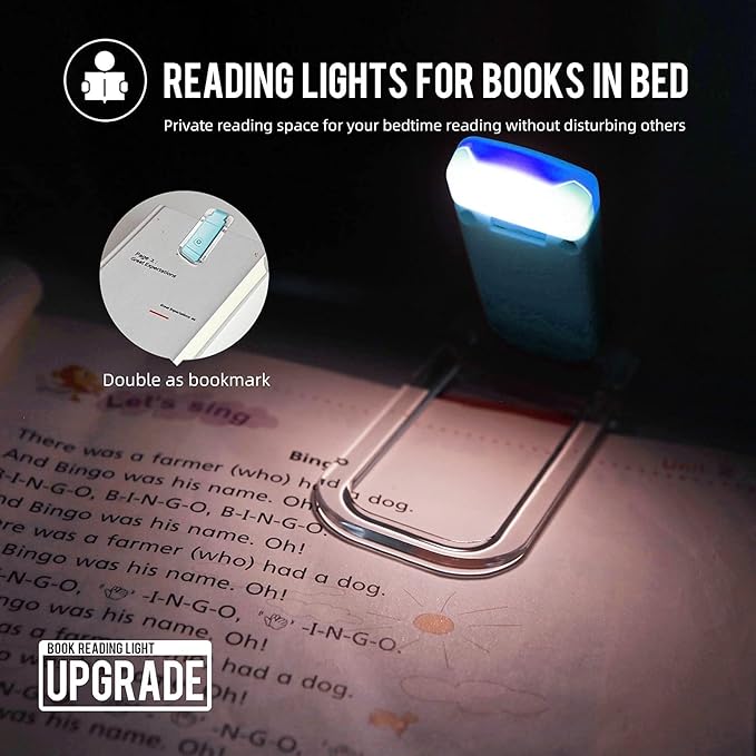 EGWASER Book Reading Light, Portable USB Rechargeable LED Clip on Book Lights for Reading in Bed, 3 Brightness Adjustable Dimmable Bookmark Light for Eye-Protection, Reading Lamp (Blue)