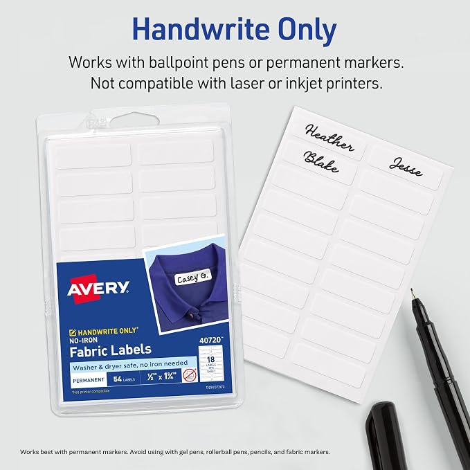 Avery No-Iron Fabric Labels, 1/2" x 1-3/4", Washer and Dryer-Safe Waterproof Labels, Non-Printable, 54 Total (40720) (Pack of 2)