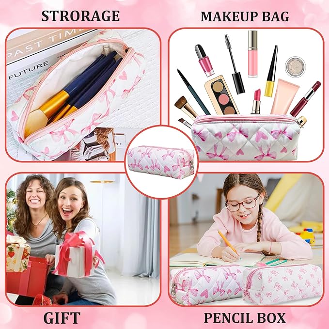 Pencil Pouch Cute Pencil Case Office Storage Bag Holder Box Organizer Aesthetic Bow Flower Pattern Makeup Pouch Cosmetic Bag for Women Girls