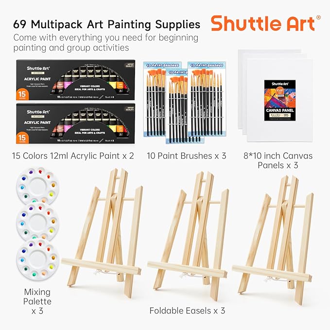 Shuttle Art 69 Pack Painting Kit for Adults and Couples, Sip and Paint for Date Night & Crafts, with 2 Packs 15-Color Acrylic Paint, 3 Wooden Easels, Canvas, Brushes & Palettes