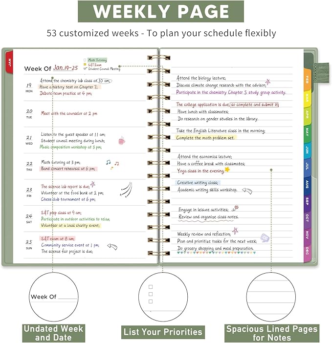 EMSHOI Undated Planner, Weekly and Monthly Calendar, 53 Weeks and 12 Months, A5 (6.38" x 8.35"), 100GSM Thick Paper, PVC Cover, Monthly Tabs, Note Pages, Start Anytime