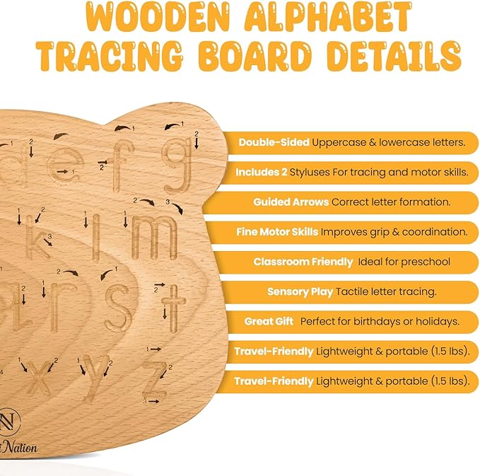 Double-Sided Wooden Alphabet Tracing Board, Premium Natural Wood, Uppercase & Lowercase Letters (19.5x16x1.45cm Bear)