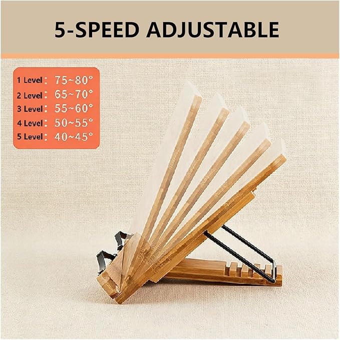 Adjustable Bamboo Book Stand & Cookbook Holder for Kitchen Counter丨5-Level Wooden Bookstand for Reading, Textbooks, or Bible Stand Holder丨Portable Recipe Book Stand with Locking Design(Small)