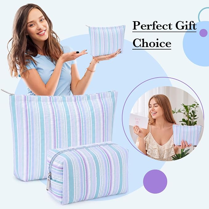 Huhumy 2 Pcs Striped Makeup Bag, Travel Toiletry Bag for Women, Aesthetic Cute Colorful Cosmetic Pouch, Seersucker Storage Organizer for Accessories, Essentials, Toiletries(Cyan Blue Purple)