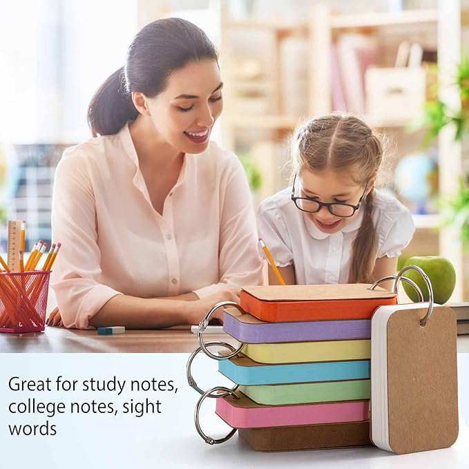 Primbeeks 8 Pack Multicolor Index Cards with Binding Rings, 320 Sheets 2.2 x 3.5 Inches Flash Cards, Double-sided Available Study Cards, Easy Flip DIY Greeting Card, Note Cards, Kraft Paper Cards