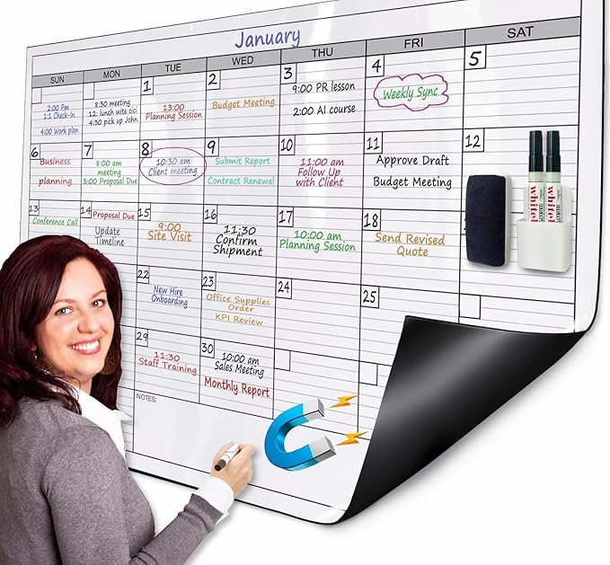 Large Magnetic Dry Erase Calendar for Wall, 38" x 50" Jumbo Monthly Planner, White Board Calendar for Office, Dual-Sided Magnetic Reusable