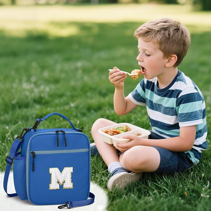 Initial Insulated Lunch Bag for Boys Kids, Back to School Gift, Reusable Leak-proof Lunch Box with Adjustable Strap for School Daycare Travel Picnic（Blue，M）