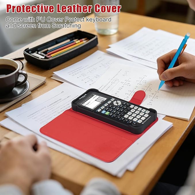 YouKnow PU Leather Protective Case Compatible with Texas Instruments TI-84 Plus CE Color Graphing Calculator with ID Card Slot (Only Case) (Red)
