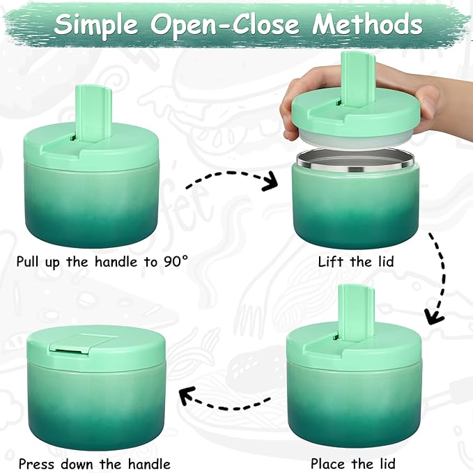 Pawtong 12oz Insulated Vacuum Food Jar with Buckle Lid Wide Mouth Soup Thermo for Hot Food Kids Leakproof Stainless Steel Lunch Container (Gradient Green, 12OZ)